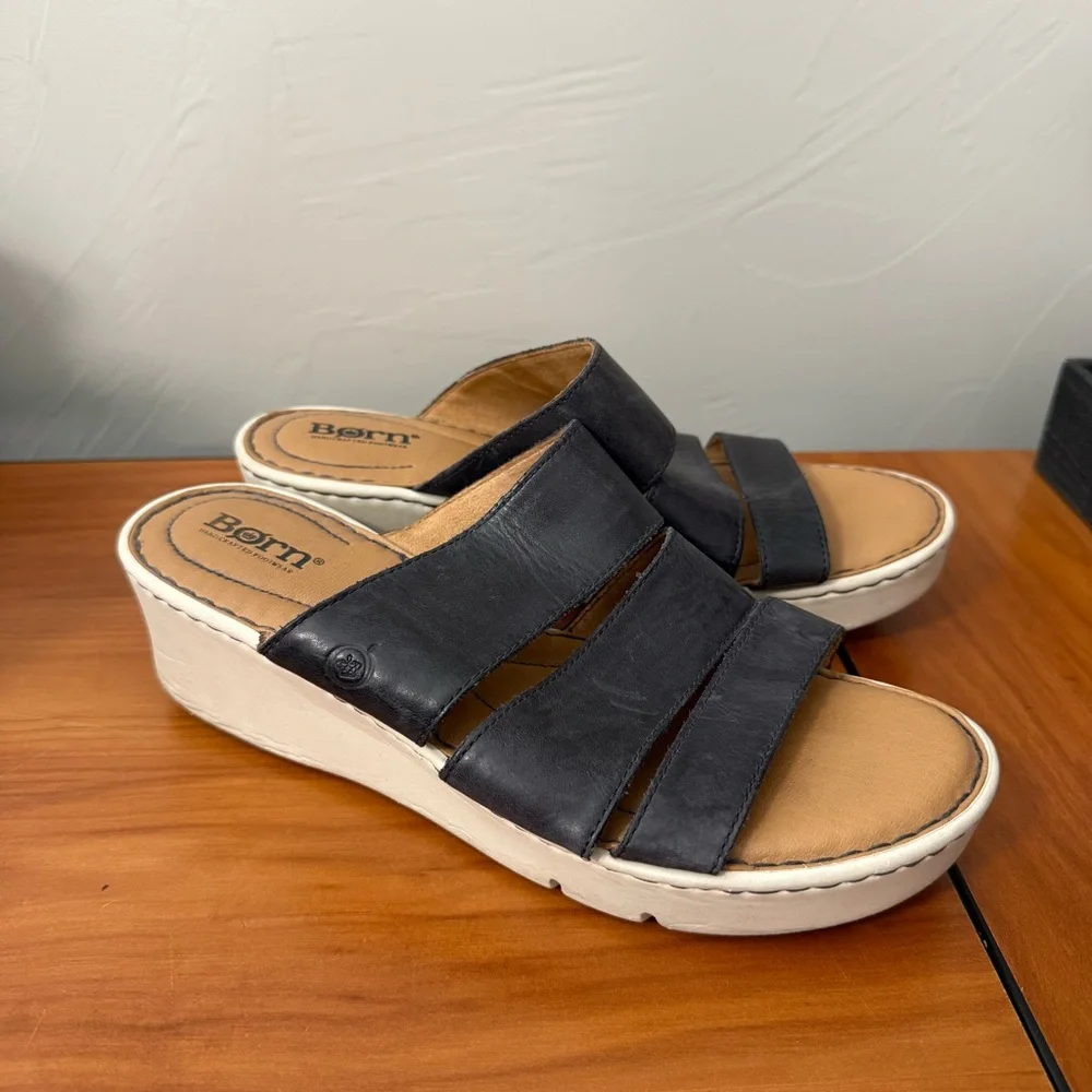 Born Khela Wedge Slip On Sandal Black Comfort Casual‎ Leather 8M